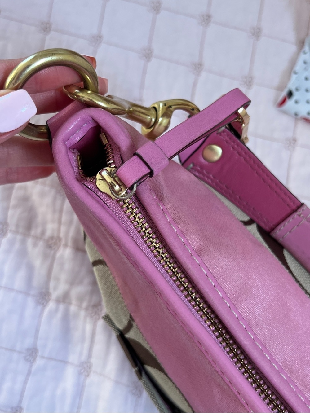 Coach Hobo Bag Medium Pink Khaki Signature Monogram Satin Leather 11957 - Picture 9 of 16